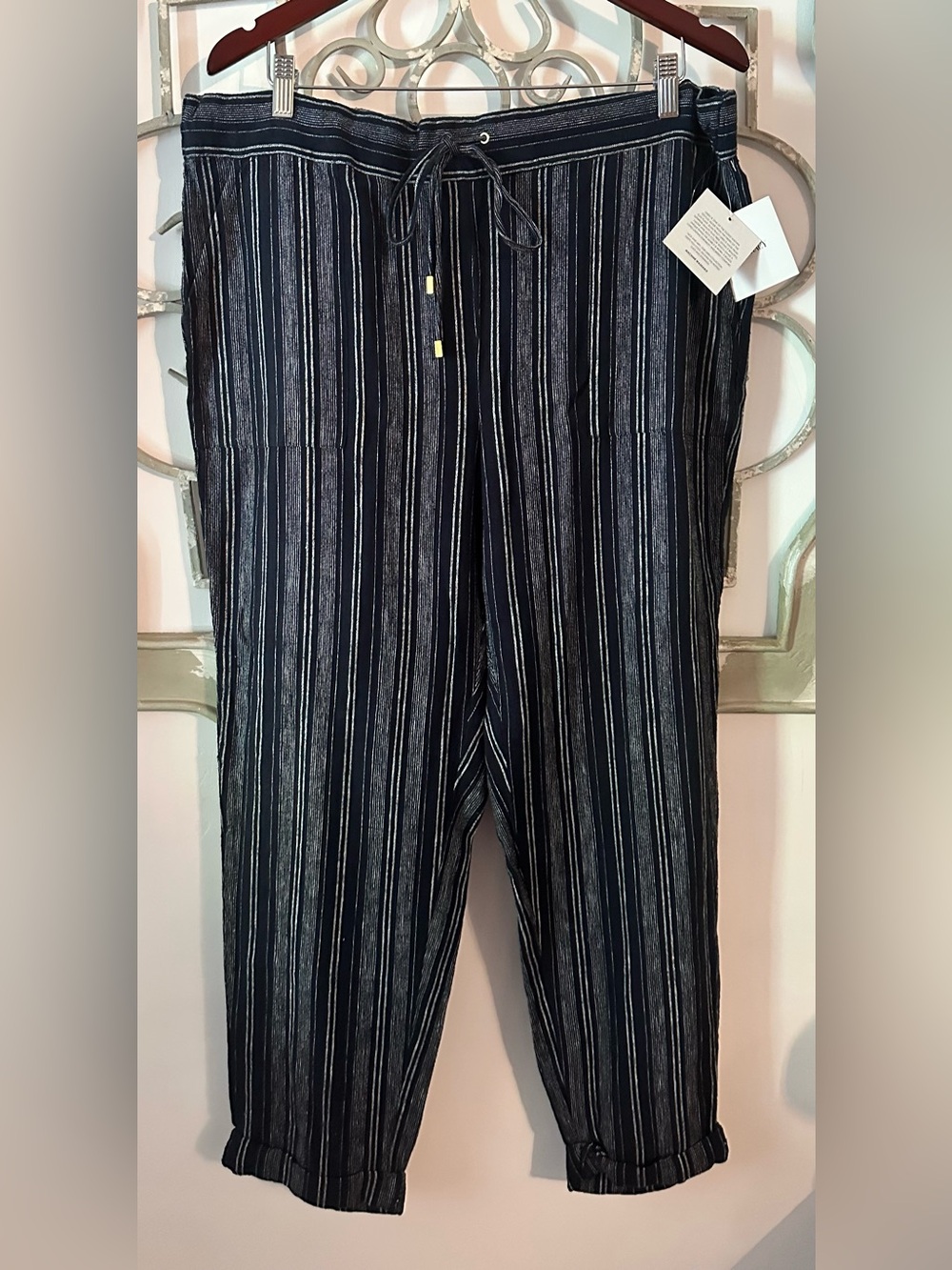 NWT Ellen Tracy Navy and White Striped Linen Blend Pants Size XL
